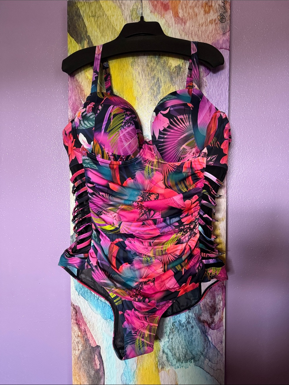 Ruched Tropical Floral One-Piece Swimsuit - Pink, Teal